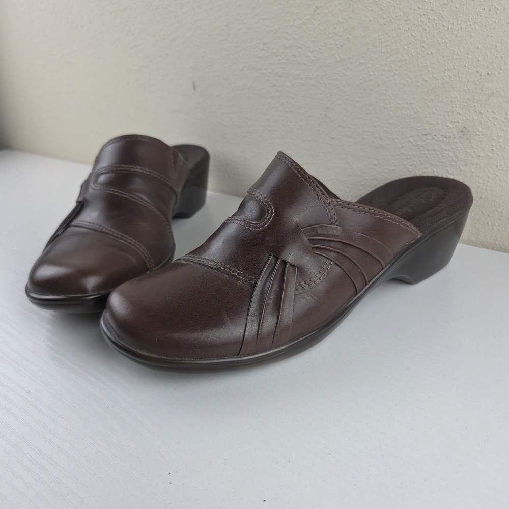 Clarks Bendables 62896 Dark Brown Leather Slip On Comfort Mule Clogs Wmns Sz 8 M